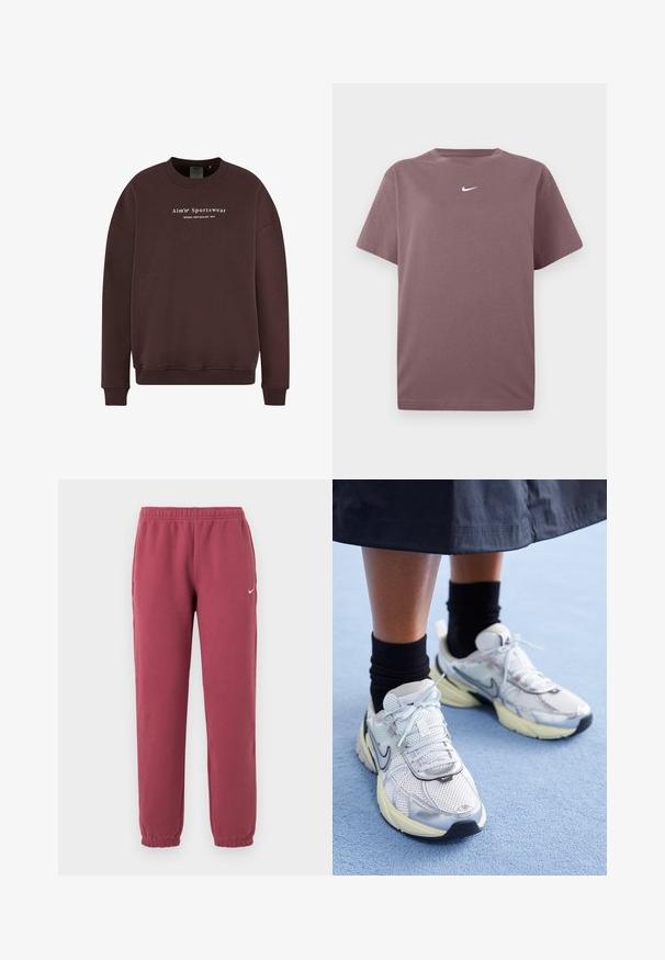 Brun sweatshirt med rund halsudskæring, lange ærmer og ribstrikkede manchetter. Teksten på frontlogoet læser "Aim'n Sportswear Sweden New Zealand 2013."; En ensfarvet mauve kortærmet crewneck t-shirt med en lille hvid Nike swoosh centreret på brystet, præsenteret på hvid baggrund.; Maroon fleecetræningsbukser med elastisk talje og manchetter, sidelommer og lille hvid Nike swoosh på venstre lår.; Hvide og sølv Nike sneakers med mesh-stof, reflekterende detaljer og en beige sål. Bæres med sorte sokker og står på en blå overflade.