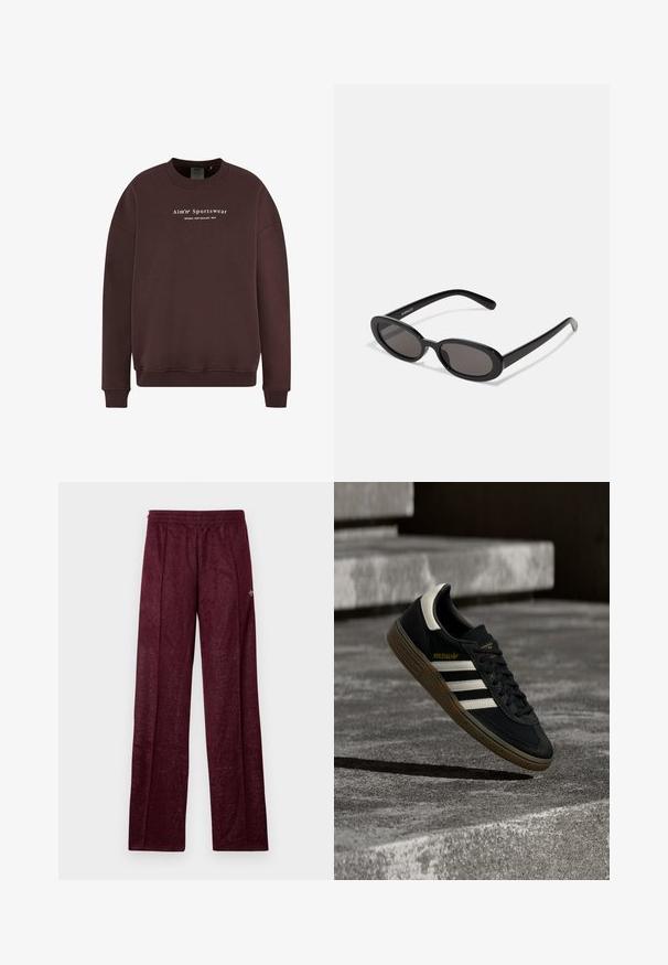 Brun sweatshirt med rund halsudskæring, lange ærmer og ribstrikkede manchetter. Teksten på frontlogoet læser "Aim'n Sportswear Sweden New Zealand 2013."; Bordeaux træningsbukser lavet af tekstureret stof, med elastisk talje og sidesømme for en lige ben-design.; Sort Adidas-sneaker med hvide striber og gummisåler, svævende over grå betontrapper i naturligt lys.; Even&Odd by Zalando Solbriller - black