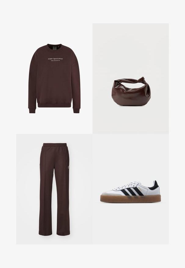 Sweatshirt marron avec col rond, manches longues et poignets côtelés. Le texte du logo à l'avant indique "Aim'n Sportswear Sweden New Zealand 2013."; Pantalons de sport marron avec une taille élastique, deux poches latérales et un petit logo sur le côté gauche, fabriqués à partir d'un tissu doux.; Baskets en cuir blanc avec des rayures noires, semelle extérieure en caoutchouc beige, bout rond, fermeture lacée et embout en suède gris doux.; Sac bandoulière en cuir marron foncé avec une forme souple et décontractée et une anse nouée torsadée sur un fond blanc uni.