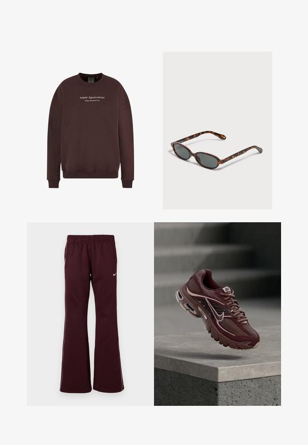 Brauner Sweatshirt mit Rundhalsausschnitt, langen Ärmeln und gerippten Bündchen. Der Schriftzug auf der Vorderseite lautet "Aim'n Sportswear Sweden New Zealand 2013."; Bordeauxfarbene Sporthosen mit ausgestelltem Schnitt, elastischem Bund und seitlichen Taschen. Mit weißen Paspeln und einem kleinen Logo auf der Vorderseite.; Dunkelroter Nike-Laufschuh mit Mesh-Stoff, gepolstertem Kragen, dicker Sohle und weißen Akzenten. Das Design zeichnet sich durch eine abgerundete Zehenpartie und markante Schnürsenkel aus.; Kleine ovale Sonnenbrille mit dunklen Gläsern auf einer hellgrauen Oberfläche liegend.