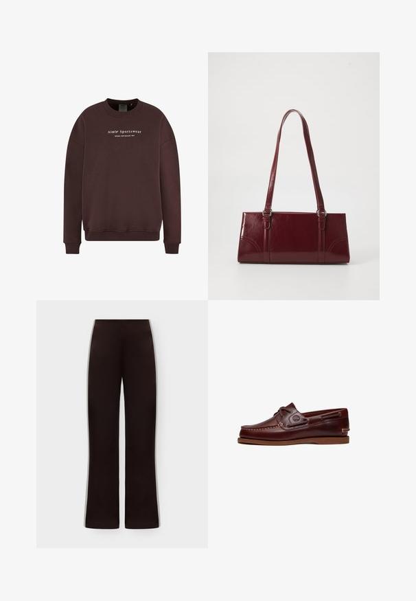 Pruun kapuutsiga sweatshirt, millel on ümmargune kaelus, pikad varrukad ja soonikud. Eespool logo tekst "Aim'n Sportswear Sweden New Zealand 2013."; Mustad, kõrge vöökohaga sirgete säärega püksid, lihtsa ja siledaga disainiga, ilma nähtavate taskute või kaunistusteta.; Pruun nahast paadijalats paelte, õmbluste detailide ja Timberlandi logoga küljel, valgel taustal.; Burgundia värvi käekott, mis on valmistatud läikivast materjalist, ristküliku kujuline, kahe õlapaelaga ning ees on peened kaarjad aktsendid.
