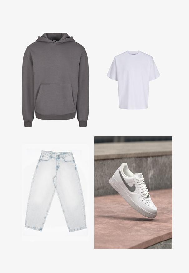 Sweat à capuche gris en tissu doux, doté d'une poche kangourou, de poignets côtelés et d'une coupe décontractée. Texture lisse, design simple.; T-shirt blanc uni oversize à manches courtes, col rond et coupe ample sur fond blanc.; Jean en denim délavé clair avec une taille haute, des jambes droites et larges, une fermeture à boutons et zip, ainsi que des poches à l'avant et à l'arrière.; Baskets blanches Nike Air Force 1 avec logo swoosh gris flottant au-dessus d'une surface en pierre et un mur en pierre gris en arrière-plan.