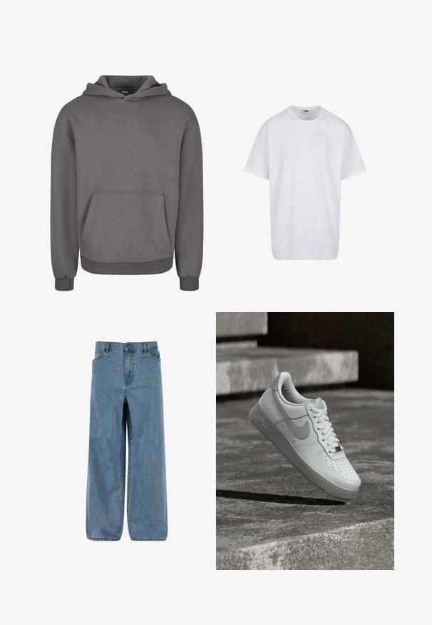 Grijze capuchontrui gemaakt van zachte stof, met een kangoeroezak, geribbelde manchetten en een ontspannen pasvorm. Gladde textuur, eenvoudig ontwerp.; Effen witte katoenen T-shirt met korte mouwen, ronde hals en zichtbare maat- en merklabel aan de binnenkant van de kraag.; Jeans met wijde pijpen in lichtblauw. Voorzien van een knoop- en ritssluiting, vijf zakken en een vervaagde textuur voor een klassieke uitstraling.; Witte Nike Air Force 1 sneaker zwevend boven een geribbelde betonnen ondergrond met stenen traptreden op de achtergrond.