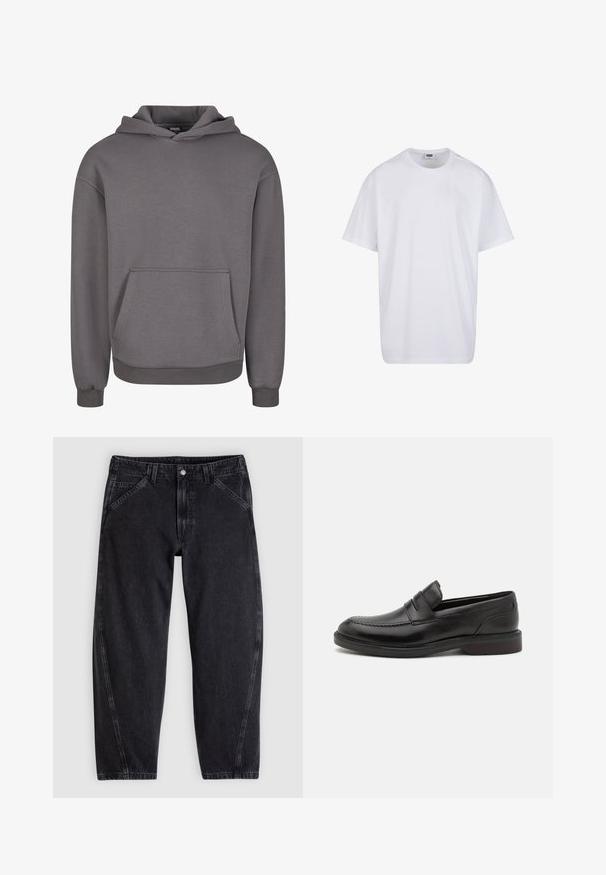 Grauer Kapuzenpullover aus weichem Stoff, mit Kängurutasche, gerippten Bündchen und lockerem Schnitt. Glatte Textur, schlichtes Design.; Schlichtes weißes Kurzarm-T-Shirt aus Baumwolle mit Rundhalsausschnitt und sichtbarem Größen- sowie Markenlabel im Innenkragen.; Schwarze Jeans aus Denim mit lockerem Schnitt, ausgestattet mit einem normalen Bund, einem Fünf-Taschen-Design und Kontrastnähten entlang der Nähte.; Schwarze Lederloafers mit genähter Zehenpartie, zwei horizontalen Riemen über dem Blatt und einem Holzabsatz. Glatte Textur und abgerundete Form.