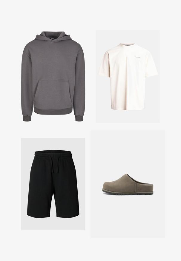 Grauer Kapuzenpullover aus weichem Stoff, mit Kängurutasche, gerippten Bündchen und lockerem Schnitt. Glatte Textur, schlichtes Design.; T-Shirt mit kurzen Ärmeln und Rundhalsausschnitt aus off-weißem Baumwollstoff, mit dezentem grünen Textlogo auf der Brust. Das Shirt hat eine lockere Passform und eine weiche Textur.; Schwarze knielange Shorts mit elastischem Bund und Kordelzug, dargestellt auf einem einfarbigen hellgrauen Hintergrund.; Brauner Slip-On-Clog aus Wildleder mit geschlossenem Vorderteil, gepolsterter Sohle und niedrigem Rücken, entworfen für lässiges Tragen drinnen und draußen.