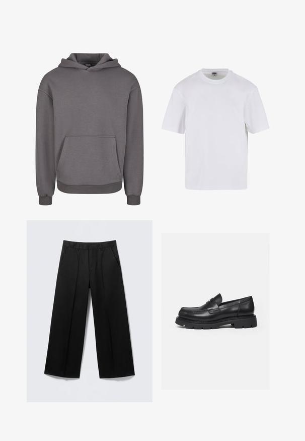 Grauer Kapuzenpullover aus weichem Stoff, mit Kängurutasche, gerippten Bündchen und lockerem Schnitt. Glatte Textur, schlichtes Design.; Weißes T-Shirt mit kurzen Ärmeln aus Baumwolle. Besitzt einen Rundhalsausschnitt und eine lockere Passform. Glatte Textur, minimalistisches Design, ohne Muster oder Akzente.; Schwarze Hosen mit weitem Bein, Gürtelschlaufen, Vordertaschen und Reißverschluss, auf einem hellgrauen Hintergrund präsentiert.; Schwarzer Lederloafer mit dicker, profilierter Sohle und Pennyriemen-Detail, von der rechten Seitenansicht auf weißem Hintergrund gezeigt.