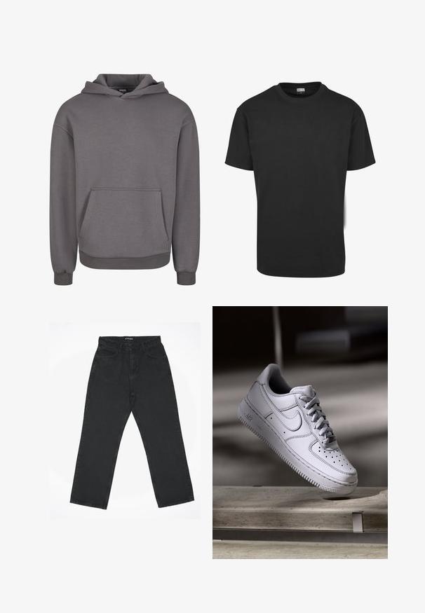 Grijze capuchontrui gemaakt van zachte stof, met een kangoeroezak, geribbelde manchetten en een ontspannen pasvorm. Gladde textuur, eenvoudig ontwerp.; Zwart katoenen T-shirt met korte mouwen, ronde halslijn en een standaard pasvorm. De stof lijkt glad en ongekleed.; Zwarte rechte jeans met vijf zakken en een ritssluiting, plat gelegd op een witte achtergrond, met het label "2Y STUDIOS" in de tailleband.; Witte Nike Air Force 1 sneaker van leer met geperforeerde neus, platte veters en een gestructureerde rubberen zool met "AIR"-logo aan de zijkant.