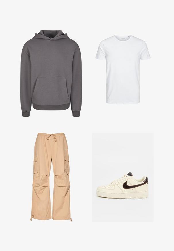Grauer Kapuzenpullover aus weichem Stoff, mit Kängurutasche, gerippten Bündchen und lockerem Schnitt. Glatte Textur, schlichtes Design.; Rundhals-T-Shirt mit kurzen Ärmeln in reinem Weiß, aus weicher Baumwolle, mit einem schlichten Design ohne sichtbare Muster oder Akzente.; Beige Cargo-Hosen mit einem elastischen Bund und Kordelzug, ausgestattet mit Seitentaschen und einer lockeren Passform. Hergestellt aus leichtem Material.; Beiger Low-Top Nike Air Force 1 Sneaker mit schwarzem Swoosh-Logo, beigen Schnürsenkeln und beiger Sohle auf neutralem Hintergrund.
