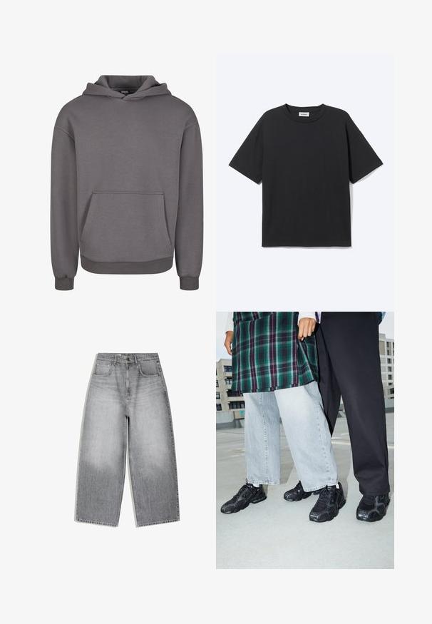 Grauer Kapuzenpullover aus weichem Stoff, mit Kängurutasche, gerippten Bündchen und lockerem Schnitt. Glatte Textur, schlichtes Design.; Schwarzes T-Shirt mit kurzen Ärmeln und Rundhalsausschnitt in lockerer Passform, Vorderansicht, schlichtes Design und sichtbares Weekday-Label im Krageninneren.; Hoch taillierte graue Jeans aus Denim mit weitem Bein, Vordertaschen und Knopfverschluss, flach auf weißem Hintergrund präsentiert.; Schwarze Sportschuhe mit Mesh- und Gummielementen. Kombiniert mit hellgrauen weiten Jeans und einem karierten grünen Oberteil. Flacher Hintergrund.