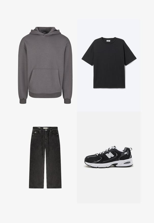 Grauer Kapuzenpullover aus weichem Stoff, mit Kängurutasche, gerippten Bündchen und lockerem Schnitt. Glatte Textur, schlichtes Design.; Schwarzes T-Shirt mit kurzen Ärmeln und Rundhalsausschnitt in lockerer Passform, Vorderansicht, schlichtes Design und sichtbares Weekday-Label im Krageninneren.; Schwarze Jeans mit weitem Bein, vorderen Taschen, Gürtelschlaufen und einem Kordelzug in der Taille, mit dem Aufdruck "project blue" auf der kleinen rechten Vordertasche.; Schwarze und graue Sportschuhe mit Obermaterial aus Mesh und Wildleder, ausgestattet mit einer weißen Zwischensohle, Schnürsenkeln und einem markanten "N"-Logo an der Seite.