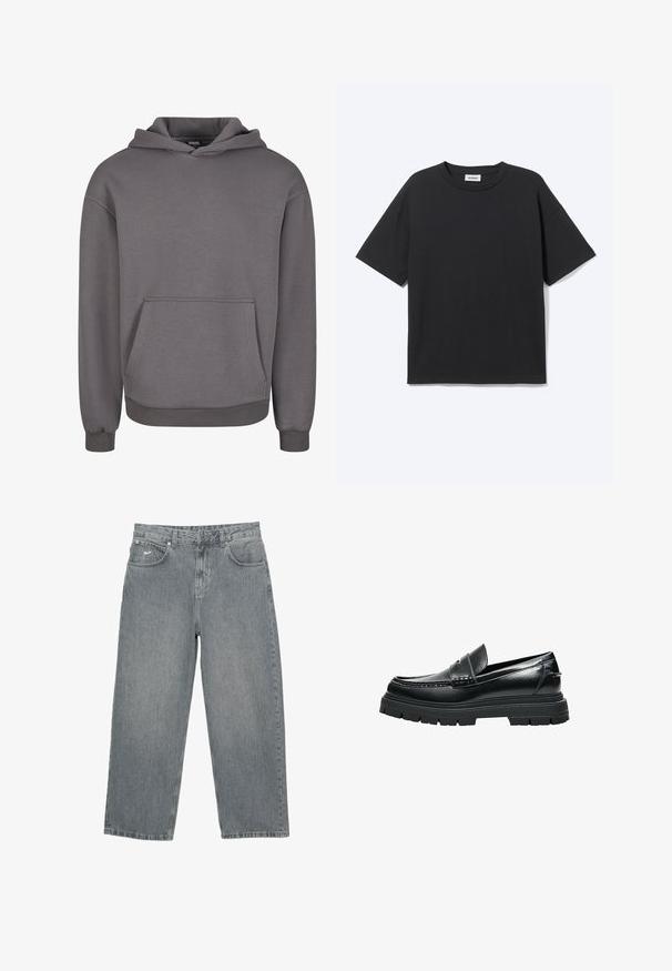 Grauer Kapuzenpullover aus weichem Stoff, mit Kängurutasche, gerippten Bündchen und lockerem Schnitt. Glatte Textur, schlichtes Design.; Schwarzes T-Shirt mit kurzen Ärmeln und Rundhalsausschnitt in lockerer Passform, Vorderansicht, schlichtes Design und sichtbares Weekday-Label im Krageninneren.; Hellgraue Jeanshosen mit geradem Bein, fünf Taschen und Knopfleiste. Verfügen über dezente Markenkennzeichnung am vorderen Bund.; Schwarzer Leder-Slipper mit dicker Profilsohle und Pennyriemen-Detail, seitlich auf weißem Hintergrund gezeigt.