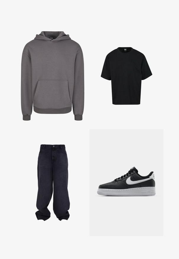Grauer Kapuzenpullover aus weichem Stoff, mit Kängurutasche, gerippten Bündchen und lockerem Schnitt. Glatte Textur, schlichtes Design.; Schwarzes kurzärmeliges T-Shirt aus Baumwolle mit Rundhalsausschnitt und lockerer Passform. Keine Muster oder auffälligen Akzente.; Schwarze übergroße Baggy-Jeans mit Knopf- und Reißverschluss vorne, Vordertaschen und lockeren, weiten Beinen.; Schwarze Ledersneaker mit strukturierten Oberflächen, weißem Nike-Swoosh, grauer Sohle, runder Zehenpartie und Schnürdesign. Verfügt über Perforationen an der Zehenbox.