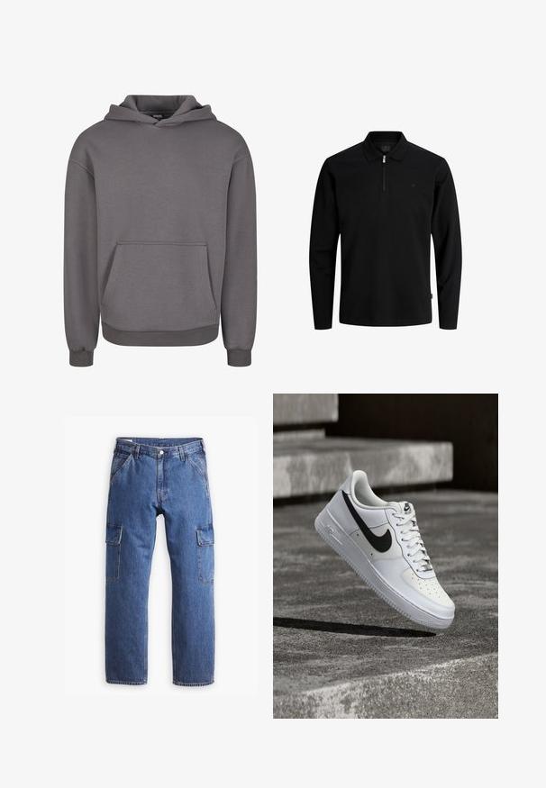 Grauer Kapuzenpullover aus weichem Stoff, mit Kängurutasche, gerippten Bündchen und lockerem Schnitt. Glatte Textur, schlichtes Design.; Schwarzes Langarm-Poloshirt mit halbem Reißverschluss und kleinem gesticktem Logo auf der linken Brust.; Blaue Denim-Cargo-Shorts mit geradem Bein, zwei seitlichen Taschen und sichtbaren Nahtdetails. Insgesamt ein lässiger und funktionaler Stil.; Weißer Nike Air Force 1 Sneaker mit schwarzem Swoosh, geschnürten Schnürsenkeln, schwebend in der Luft über einer strukturierten Betonoberfläche im Freien.