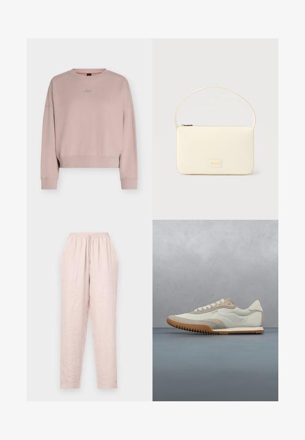 Sweat-shirt rose clair à manches longues avec col rond, poignets et ourlet côtelés, avec une petite broderie "Boss" sur la poitrine.; Pantalons en lin rose clair avec taille à cordon, poches latérales et coupe ample. L'ourlet est fuselé avec une texture lisse.; Sneakers blancs et beiges avec une tige lisse et des accents en daim, une semelle texturée et des coutures ton sur ton. Fermeture à lacets avec détail de logo.; Sac à main rectangulaire de couleur crème avec une seule sangle et une fermeture éclair sur le dessus, comportant une petite plaque de logo embossé à l'avant.