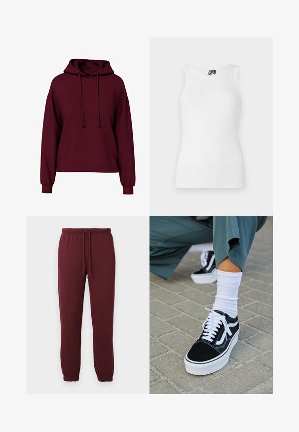 Bordeaux langærmet hættebluse med både snore i front, ribbede manchetter og en løs pasform.; Hvid ribbet tanktop med rund halsudskæring og ærmeløst design, lavet af en blød bomuldsblanding med en tætsiddende silhuet.; Bordeaux joggingbukser med elastisk talje, snor, sidelommer og elastiske manchetter mod en ensfarvet hvid baggrund.; Sorte ruskinds sneakers med hvide accenter og snørebånd, der har en tyk hvid sål og kontrasterende syninger, parret med en hvid sok.
