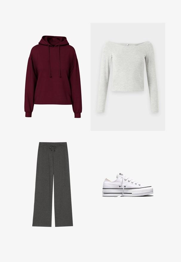 Burgunderfarbene Langarm-Hoodie mit vorderen Kordeln, gerippten Bündchen und lockerer Passform.; Graues Langarmoberteil mit Off-Shoulder-Design, aus weichem, leichtem Stoff gefertigt, mit einer einfachen, eleganten Silhouette.; Graue, weit geschnittene Hosen aus weichem Stoff mit elastischem Bund und verstellbarem Kordelzug. Glatte Textur ohne sichtbare Muster.; Weißer Canvas-Sneaker in niedriger Ausführung mit weißen Schnürsenkeln, schwarzen Streifen an der Sohle und gummiertem, strukturiertem Zehenschutz, Seitenansicht vor weißem Hintergrund.