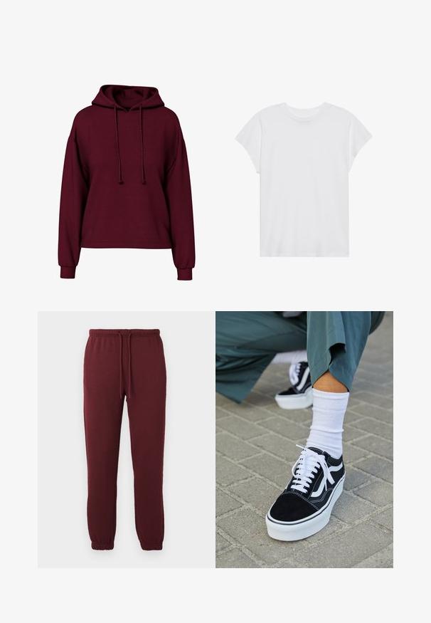 Bordeaux lange mouwen hoodie met voorste trekkoorden, geribde manchetten en een losse pasvorm.; Witte t-shirt met korte mouwen, ronde hals, relaxte pasvorm, gemaakt van zacht katoen. Glad textuur, geen patronen of logo's.; Bordeaux joggerbroeken met elastische tailleband, trekkoord, zijzakken en elastische boorden op een effen witte achtergrond.; Zwarte suède sneaker met witte accenten en veters, uitgerust met een dikke witte zool en contrasterende stiksels, gecombineerd met een witte sok.
