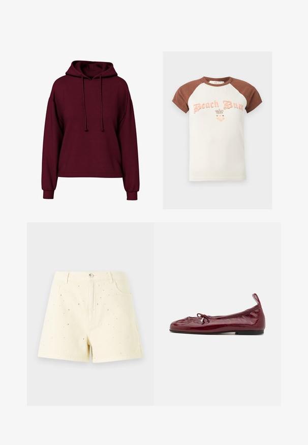 Burgundy pitkähihainen huppari, jossa on etupään nyörit, ribbireunukset ja löysä istuvuus.; Lyhythihainen raglan-t-paita, jossa on ruskeat hihat, kermanvärinen vartalo ja rintapäällisessä teksti "Beach Bum" sekä kruunu- ja sydänkuviot.; Keltaiset farkkushortsit, joissa on korkea vyötärö ja rento istuvuus, esittävät pieniä hopeanvärisiä niittejä hajautettuna edessä yksityiskohtana.; Ballerinat burgundin värviga patendinaha, millel on ümar varvas, õhuke must tald ja ees kummitus. Sile, läikiv tekstuur.