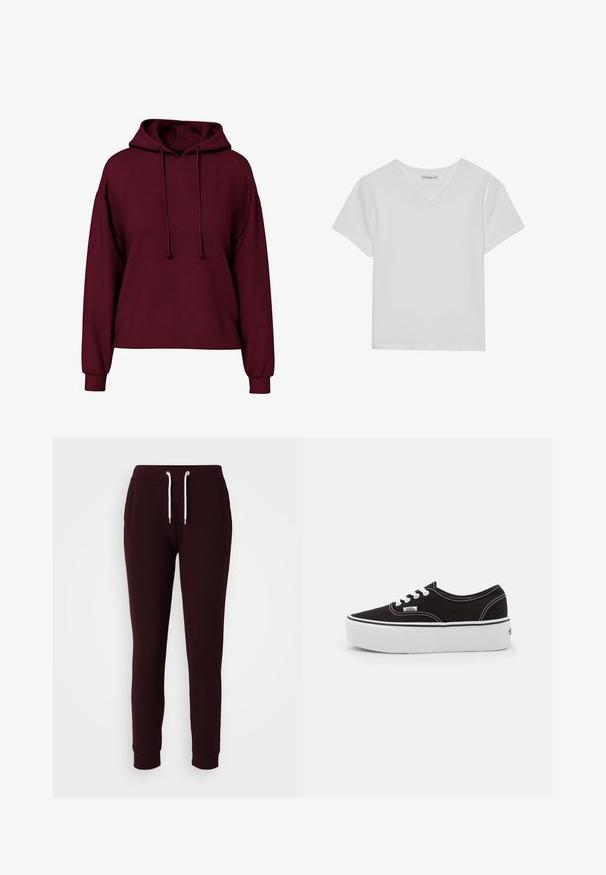 Burgunderfarbene Langarm-Hoodie mit vorderen Kordeln, gerippten Bündchen und lockerer Passform.; Weißes kurzärmliges V-Ausschnitt-T-Shirt aus Rippstoff. Es zeichnet sich durch ein sauberes Design mit geradem Saum und minimalen Details aus.; Burgunderfarbene Sweatpants aus Baumwollmischung, mit einem elastischen Bund und Kordelzug, zwei Seitentaschen und schmal zulaufenden Bündchen.; Schwarze Leinensneaker mit einer weißen Gummiplattformsohle, weißen Schnürsenkeln und Nähten, ikonischer Markenaufdruck an der Seite, im Low-Top-Design.