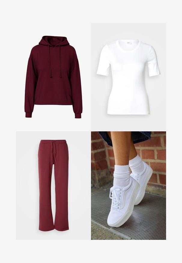 Bordový dlhý rukáv hoodie s prednými šnúrkami, rebrovanými manžetami a voľným strihom.; Biele tričko s krátkym rukávom z hladkej bavlny, s okrúhlym výstrihom a priliehavým strihom. Klasický dizajn bez vzorov či akcentov.; Bordové tepláky vyrobené z jemnej látky s elastickým pásom a šnúrkou na stiahnutie. Vyznačujú sa širokými nohavicami a hladkou textúrou po celom povrchu.; Biele plátené tenisky s gumovou podrážkou, s piatimi dierkami na šnúrky, okrúhlou špičkou a svetlými švami, doplnené o biele členkové ponožky.