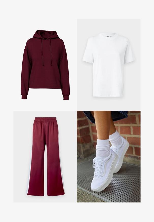 Bordový dlhý rukáv hoodie s prednými šnúrkami, rebrovanými manžetami a voľným strihom.; Biela bavlnená tričko s okrúhlym výstrihom, krátkymi rukávmi a hladkou textúrou. Navrhnuté s voľným strihom pre pohodlie a univerzálnosť.; Bordové voľné nohavice s elastickým pásom, so svetlými postrannými prúžkami a hladkou textúrou látky. Dizajn s širokými nohavicami.; Biele plátené tenisky s gumovou podrážkou, s piatimi dierkami na šnúrky, okrúhlou špičkou a svetlými švami, doplnené o biele členkové ponožky.