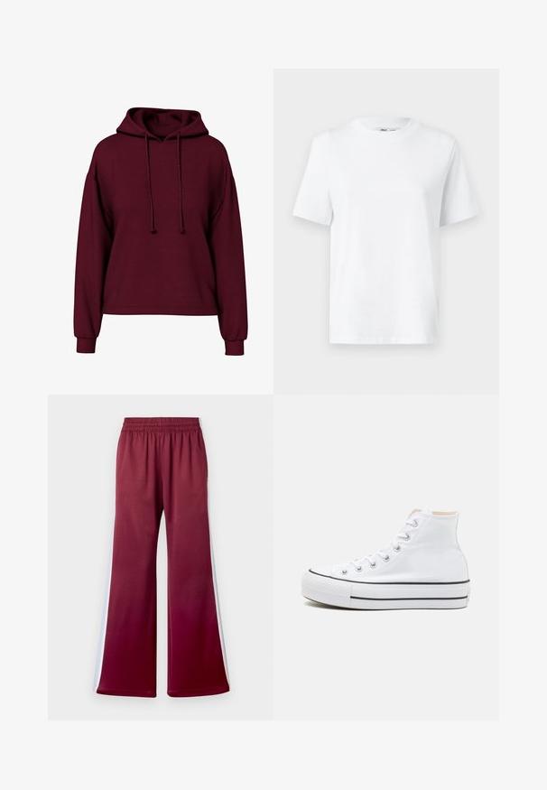 Bordový dlhý rukáv hoodie s prednými šnúrkami, rebrovanými manžetami a voľným strihom.; Biela bavlnená tričko s okrúhlym výstrihom, krátkymi rukávmi a hladkou textúrou. Navrhnuté s voľným strihom pre pohodlie a univerzálnosť.; Bordové voľné nohavice s elastickým pásom, so svetlými postrannými prúžkami a hladkou textúrou látky. Dizajn s širokými nohavicami.; Biele vysoké tenisky z plátnovej látky, čierna gumová podrážka a kontrastný čierny pruh na strednej podrážke. Okrúhla špička a zaväzovací dizajn.