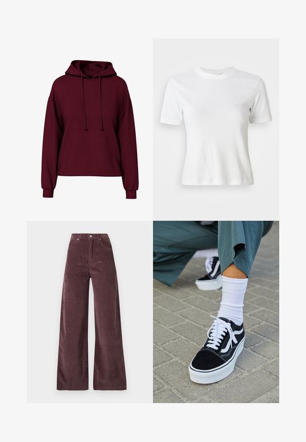 Bordeaux langærmet hættebluse med både snore i front, ribbede manchetter og en løs pasform.; Hvid ribbet kortærmet T-shirt med rund halsudskæring og et lille logo på brystet. Lavet af blødt stof med en tætsiddende pasform.; Højtaljede viddebukser i mørk mauve fløjlestof med forlommer og knaplukning.; Sorte ruskinds sneakers med hvide accenter og snørebånd, der har en tyk hvid sål og kontrasterende syninger, parret med en hvid sok.