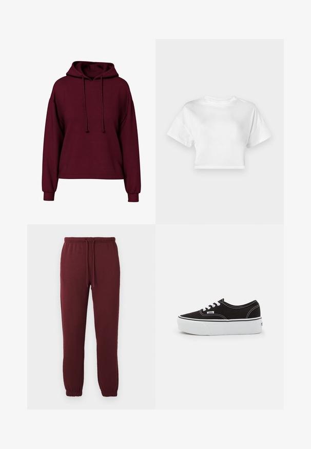 Burgunderfarbene Langarm-Hoodie mit vorderen Kordeln, gerippten Bündchen und lockerer Passform.; Weißes, kurzes T-Shirt aus Baumwolle. Kurze Ärmel, runder Ausschnitt, glatte Textur, lässiges Design ohne Muster oder Verzierungen.; Bordeauxfarbene Jogginghose mit elastischem Bund, Kordelzug, Seitentaschen und elastischen Bündchen vor einem schlichten weißen Hintergrund.; Schwarze Leinensneaker mit einer weißen Gummiplattformsohle, weißen Schnürsenkeln und Nähten, ikonischer Markenaufdruck an der Seite, im Low-Top-Design.