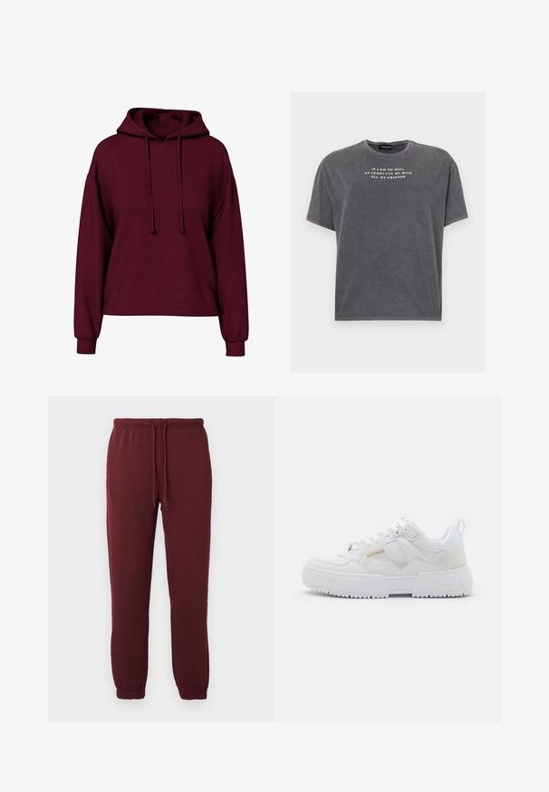 Burgundy pitkähihainen huppari, jossa on etupään nyörit, ribbireunukset ja löysä istuvuus.; Even&Odd TONIA TEE - Printtipaita - black; Burgundi värvi jogapüksid elastse vöökoha, nööriga, küljetaskute ja elastsete sääreotsadega, lihtsa valge tausta taustal.; Valkoiset sneakerit, joissa on jykevä muotoilu, nahkaa ja synteettisiä materiaaleja, tekstuurituksia, nauhoja ja voimakas kultainen logo.