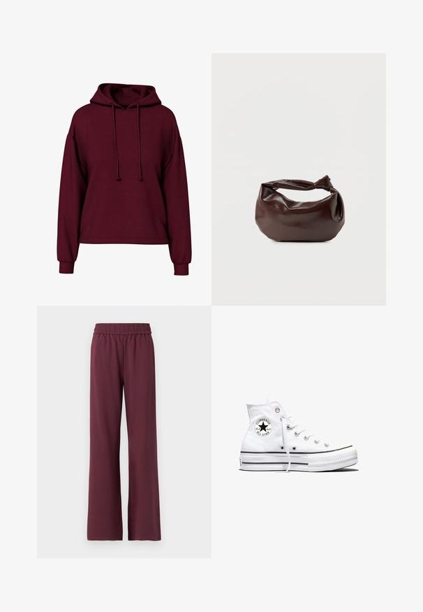 Bordeaux lange mouwen hoodie met voorste trekkoorden, geribde manchetten en een losse pasvorm.; Bordeaux wijde broek met een elastische tailleband, gemaakt van zachte stof, met een gladde textuur en een ontspannen pasvorm.; Witte hoge Converse Chuck Taylor All Star sneaker met zwart logopatch en witte veters, weergegeven op een witte achtergrond.; Donkerbruine leren schoudertas met een zachte, slungelige vorm en een gedraaide knoopvormige handgreep op een effen witte achtergrond.