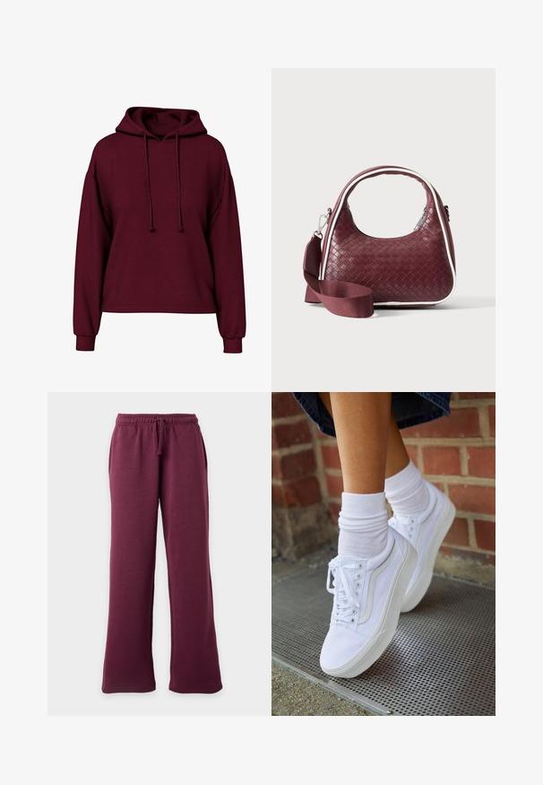 Bordeaux lange mouwen hoodie met voorste trekkoorden, geribde manchetten en een losse pasvorm.; Bordeauxrode wijde sweatpants met elastische tailleband en trekskoord, voorzakken, weergegeven tegen een effen lichte achtergrond.; Witte canvas sneakers met rubberen zolen, voorzien van zes vetertjes, een ronde neus en lichte stikdetails, gecombineerd met witte enkelsokken.; Donkerrode geweven leren handtas met gebogen handvat, witte bies, zilveren rits en afneembare brede stoffen schouderriem tegen een effen achtergrond.