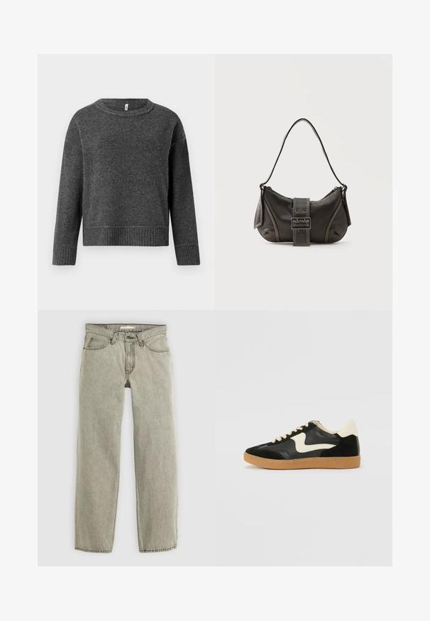 Pull en tricot gris foncé avec un col rond et des manches longues. Présente des poignets et un ourlet côtelés, fabriqué à partir d'un tissu doux et texturé.; Jeans gris clair à jambe droite avec fermeture à bouton et zip à l'avant, passants de ceinture et design à cinq poches.; Baskets en daim et cuir noir avec un swoosh latéral crème et un talon crème clair. Dotées de lacets beige et d'une semelle en caoutchouc gomme.; Sac à épaule en cuir noir avec une sangle à boucle, des bords arrondis et des coutures blanches contrastées sur un fond uni.