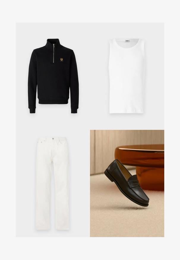 Schwarzer Reißverschluss-Hoodie aus Baumwollmischung, mit hohem Kragen, gerippten Bündchen und einem goldenen Logo-Patch auf der Brust.; Weißes Baumwoll-Tanktop ohne Ärmel mit Rundhalsausschnitt und glatter Textur. Einfaches Design, ohne Muster oder Akzente.; Gerade geschnittene weiße Denim-Jeans mit Vordertaschen, Gürtelschlaufen und Knopfverschluss in der Taille, vor einem einfarbigen Hintergrund gezeigt.; Schwarzer Leder-Loafer, der über einem hellbeigen Teppich schwebt, mit bernsteinfarbenen modernen Möbeln im Hintergrund.