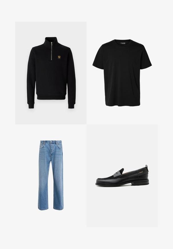 Sort, lynlåset sweatshirt lavet af en bomuldsblanding, med høj krave, ribbede manchetter og et guld logo-patch på brystet.; Ensfarvet sort t-shirt med korte ærmer og rund hals, herrepasform, uden synlige mønstre eller logoer foran.; Lyseblå denim jeans med lige ben-design, fem lommer, knaplukning, minimal falming og kontraststingdetaljer.; Sort læderloafer med grå remdetalje, lav hæl og tekstureret sål, mærket med "HUGO" i guld på siden.
