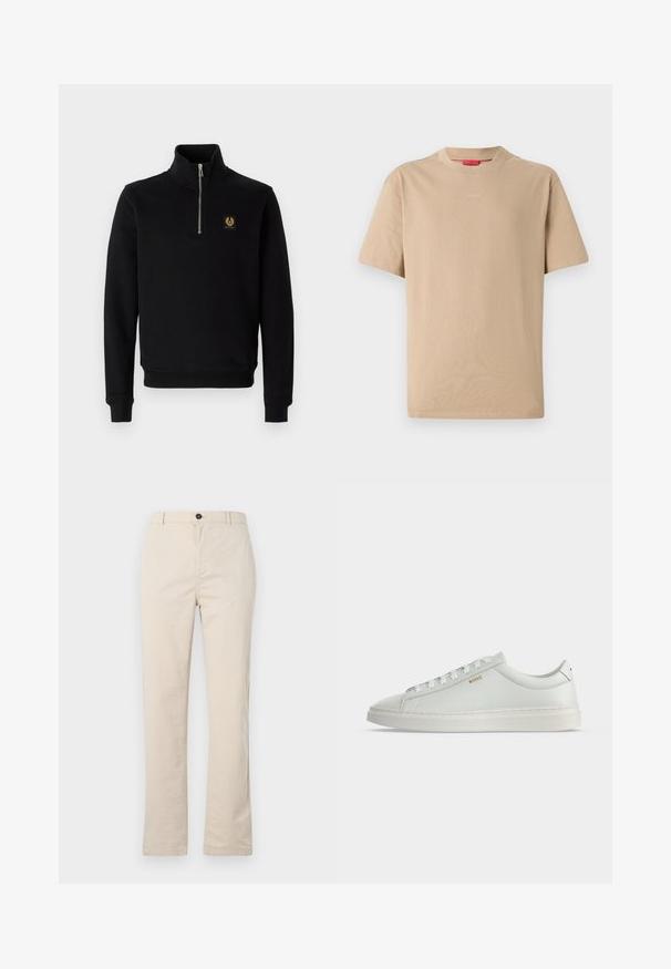 Schwarzer Reißverschluss-Hoodie aus Baumwollmischung, mit hohem Kragen, gerippten Bündchen und einem goldenen Logo-Patch auf der Brust.; Beige Baumwoll-T-Shirt mit kurzen Ärmeln, Rundhalsausschnitt und dezentem "HUGO"-Logo in der Mitte. Angenehme Textur, legerer Schnitt.; Helle beige Baumwollhose mit geradem Bein, vorn mit Knopfverschluss, Reißverschluss und minimalen Nähten.; Weißer Leder-Sneaker in niedriger Ausführung mit Schnürsenkeln, flacher Sohle und kleinem goldfarbenem "BOSS" Logo an der Seite, von der Außenseite betrachtet.
