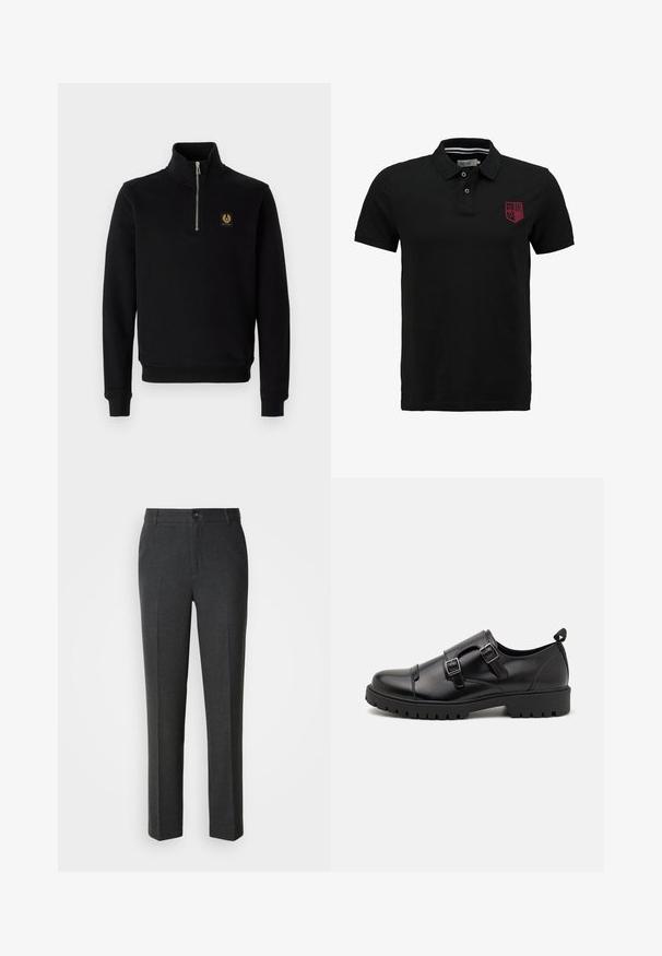 Sort, lynlåset sweatshirt lavet af en bomuldsblanding, med høj krave, ribbede manchetter og et guld logo-patch på brystet.; Sort polo t-shirt lavet af bomuld, med en tre-knaps placket og rødt broderet emblem på venstre bryst. Korte ærmer.; Skræddersyede mørkegrå bukser i et glat stof, med knaplukning, to forlommer og et lige ben-design.; Pier One Business loafers - black