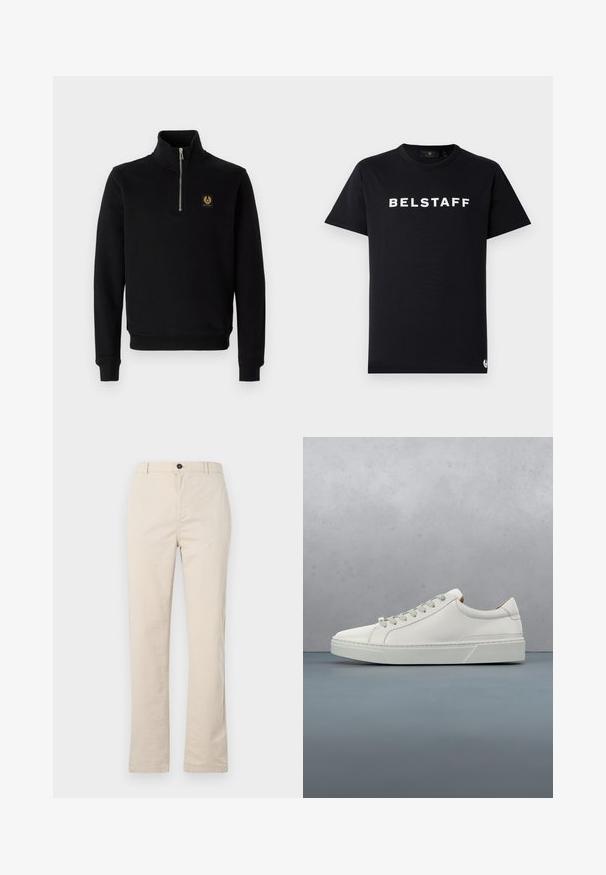 Schwarzer Reißverschluss-Hoodie aus Baumwollmischung, mit hohem Kragen, gerippten Bündchen und einem goldenen Logo-Patch auf der Brust.; Schwarzes Baumwoll-T-Shirt mit Rundhalsausschnitt, kurzen Ärmeln und weißem "BELSTAFF"-Logo, das über die Brust gedruckt ist.; Helle beige Baumwollhose mit geradem Bein, vorn mit Knopfverschluss, Reißverschluss und minimalen Nähten.; Weißes Leder-Sneaker mit abgerundetem Zehenbereich, minimalistisches Design, graue Schnürsenkel und einer strukturierten grauen Gummisohle. Dezente Nähte sichtbar.
