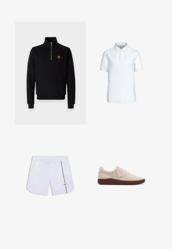 Schwarzer Reißverschluss-Hoodie aus Baumwollmischung, mit hohem Kragen, gerippten Bündchen und einem goldenen Logo-Patch auf der Brust.; Weißes Kurzarm-Poloshirt mit drei Knöpfen und spitzem Kragen, mit dezentem Calvin Klein-Logo auf der linken Brust.; Weiße Shorts mit elastischem Bund, Seitentaschen, rundem Saum und vertikalem schwarz-beigem Streifen mit „BOSS“-Logo am rechten Bein.; Beige Wildledersneaker mit grauem Fersenpatch und brauner Gummisohle. Verfügt über ein Schnürdesign und gestickte Details.