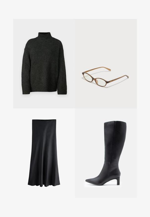 Vero Moda Tall VMMADDIE HIGHNECK PULL - Striktrøje - dark grey melange; Sort satin midi-nederdel med glat tekstur, høj talje og let vidde forneden, vist mod en hvid baggrund.; Sorte læderknæhøje støvler med spidse tåer, der har et elegant design og en lille blokhæl. Glat tekstur med minimale detaljer.; Brune skildpaddemønstrede briller med ovale linser, tynde arme og gennemsigtige accenter. Har et diskret logo på stangen. Slankt, let design.