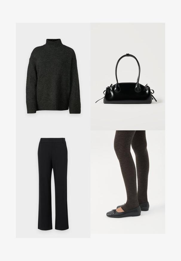 Vero Moda Tall VMMADDIE HIGHNECK PULL - Striktrøje - dark grey melange; Sorte, flagrende bukser med en glat tekstur, mellemhøj talje og sidelommer. Simpelt design uden mønstre eller pynt.; Ben iført mørke ribbede leggings kombineret med sorte balletsko med små sløjfedetaljer på hvid baggrund.; Lille sort blank håndtaske med to lange håndtag og snøre-detaljer i siden på en ensfarvet lys baggrund.