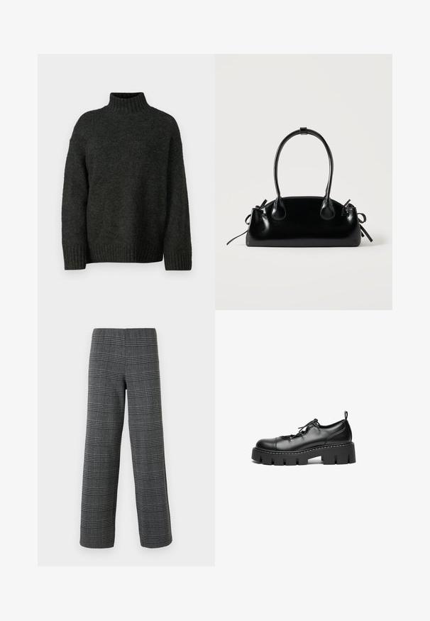 Vero Moda Tall VMMADDIE HIGHNECK PULL - Pullover - dark grey melange; Vero Moda VMBERLIN WIDE PANT - Pantalon classique - dark grey/black; Chaussures en cuir noir à lacets avec un bout rond, semelle plateforme épaisse et couture décorative le long du bord.; Petit sac à main noir brillant avec deux longues anses et des détails à cordon sur les côtés sur un fond clair uni.