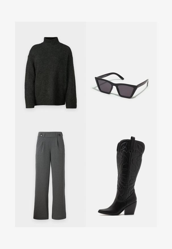 Vero Moda Tall VMMADDIE HIGHNECK PULL - Jersey de punto - dark grey melange; Pantalones de pierna ancha grises hechos de un tejido texturizado, con una cintura alta, pliegues en la parte delantera y dos botones en la cinturilla.; Botas negras de cuero hasta la rodilla con punta puntiaguda y tacón apilado. Presentan costuras decorativas y elementos de diseño curvados.; Gafas de sol negras y angulares con lentes grises; fabricadas en plástico, con varillas gruesas de superficie suave y sin herrajes visibles.