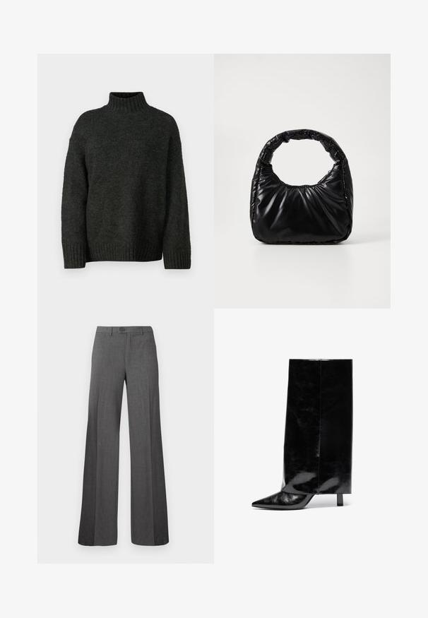Vero Moda Tall VMMADDIE HIGHNECK PULL - Jersey de punto - dark grey melange; Pantalones de vestir grises de pierna ancha con cierre de botón y cremallera, frontales planos y trabillas para cinturón, mostrados sobre un fondo claro y sencillo.; Botín de cuero negro hasta el tobillo con punta afilada y tacón cuadrado, que presenta un caña alta y brillante y un acabado texturizado en la parte inferior.; Bolso negro acolchado con un asa redondeada, que presenta una superficie lisa y brillante y una textura suave y acolchada. Sin herrajes ni acentos visibles.