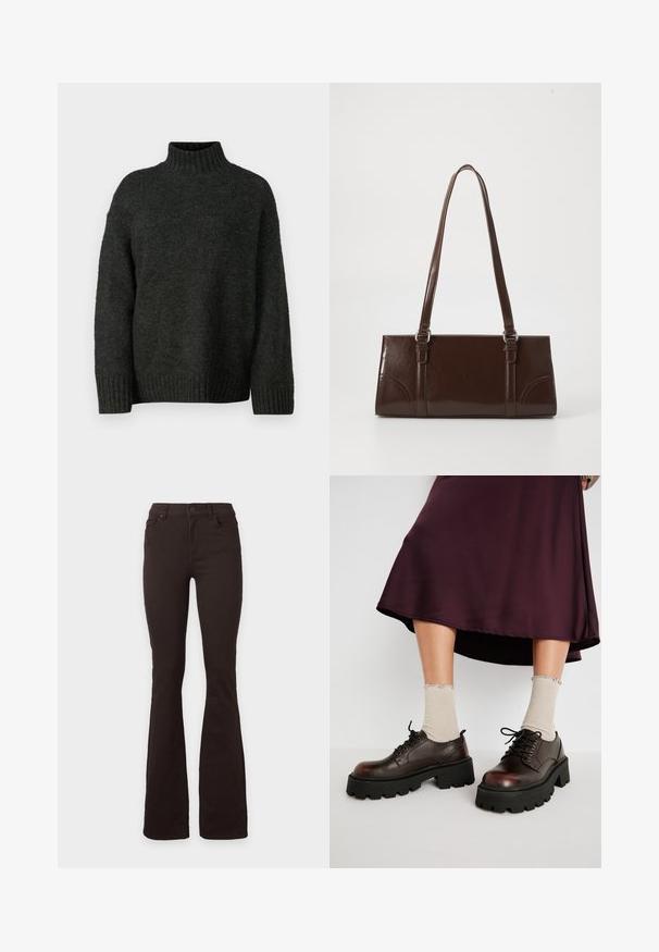 Vero Moda Tall VMMADDIE HIGHNECK PULL - Striktrøje - dark grey melange; Sorte bootcut-jeans med høj talje, knap- og lynlåslukning, for- og baglommer, vist mod en ensfarvet hvid baggrund.; Brune læder platform sko med tykke sorte såler, parret med ribbet beige strømper med bølgede kanter, mod en afdæmpet baggrund.; Brun lakeret håndtaske med rektangulær form, to lange håndtag og subtile buede detaljer på fronten.