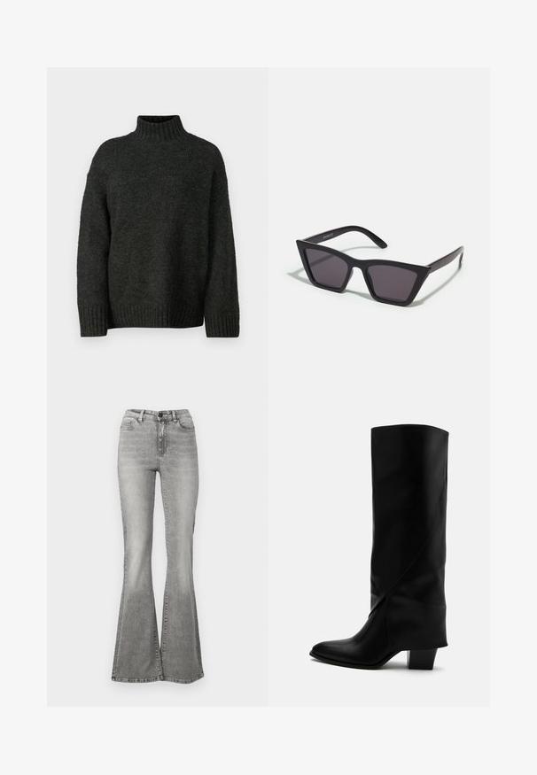Vero Moda Tall VMMADDIE HIGHNECK PULL - Svetrík - dark grey melange; Šedé rozšírené džínsy vyrobené z denimu, s vysokým pásom, prednými vreckami a efektom vyblednutia. Lem je mierne širší, čo vytvára rozšírený tvar.; Vysoká čierna kožená čižma s nakloneným šitím, špicatou špičkou a masívnym stredne vysokým podpätkom na bielom pozadí.; Čierne, ostré slnečné okuliare so sivými sklami; vyrobené z plastu, majú hrubé ramená s hladkým povrchom a bez viditeľnej mechaniky.