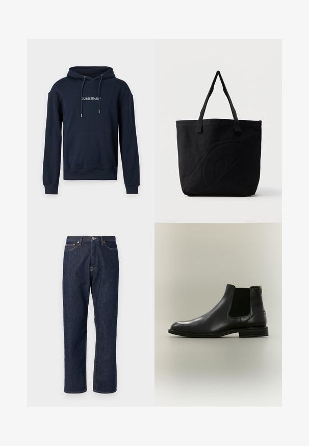 Tumesinine kapuutsviidik, mis on valmistatud puuvilla segust, sisaldab kangaroo-taskut, reguleeritavat kapuutsi ja "GUESS JEANS" valget logo rinnal.; Tumesinine denimist teksased otse jala disainiga. Omab nupuvajutust ja luku sulgemist, viit taskut ja kontrastsete õmbluste detaile.; Mustast nahast Chelsea saabas elastse külgpaneeli ja madala kontsaga, näidatud välisküljelt neutraalsel taustal.; Mustast lõuendist käekott kahe õlarihmaga ja esiküljel õrn reljeefne ringikujuline muster.