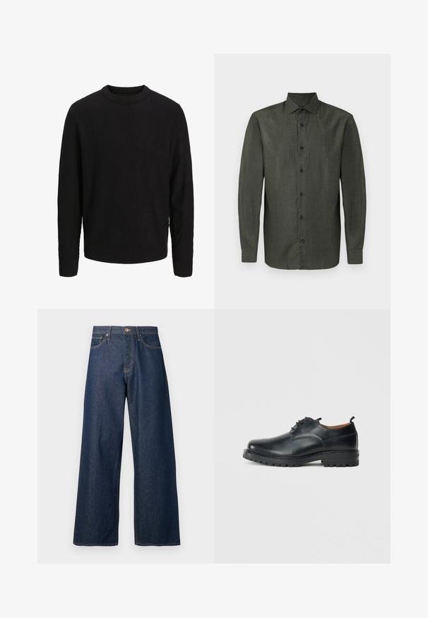 Sort langærmet strikket sweater med rund halsudskæring, ribstrikkede manchetter og kant, vist på en ensartet lys grå baggrund.; Olivenfarvet langærmet skjorte med knapper og klassisk krave samt syv sorte knapper fortil.; Vidbenede jeans lavet af mørkt denim med orange syninger, som har fem lommer, en knaplukning foran og en lige silhuet.; Sorte læder derby-sko med en glat overflade, rund tå, snøre-design og en tyk, robust gummisål.