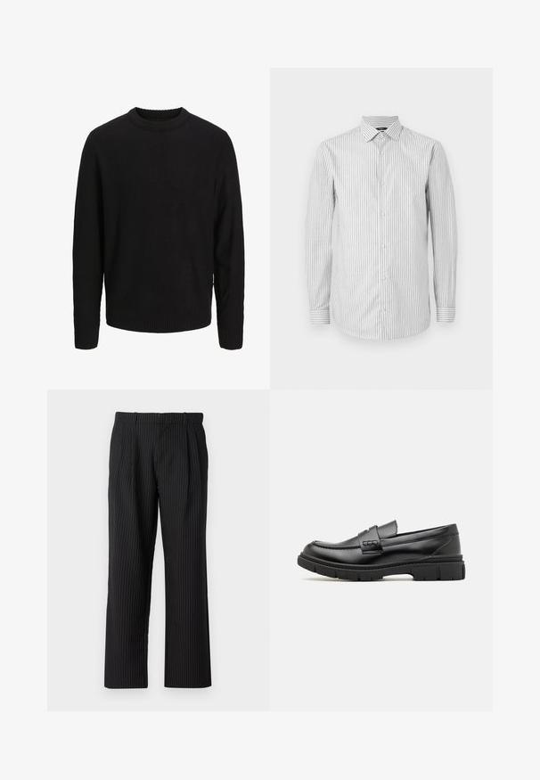 Sort langærmet strikket sweater med rund halsudskæring, ribstrikkede manchetter og kant, vist på en ensartet lys grå baggrund.; Stribet langærmet skjorte i hvid og lys grå, med krave og knaplukning, prydet med kontrasterende stribede manchetter og en glat tekstur.; Jack & Jones JPSTBILL JJDAYTONA WIDE CHINO - Chino - black; Sort læder loafersko med en bred rem over forfoden, gummisål med tykke mønstre og glat overflade. Klassisk, slankt design.