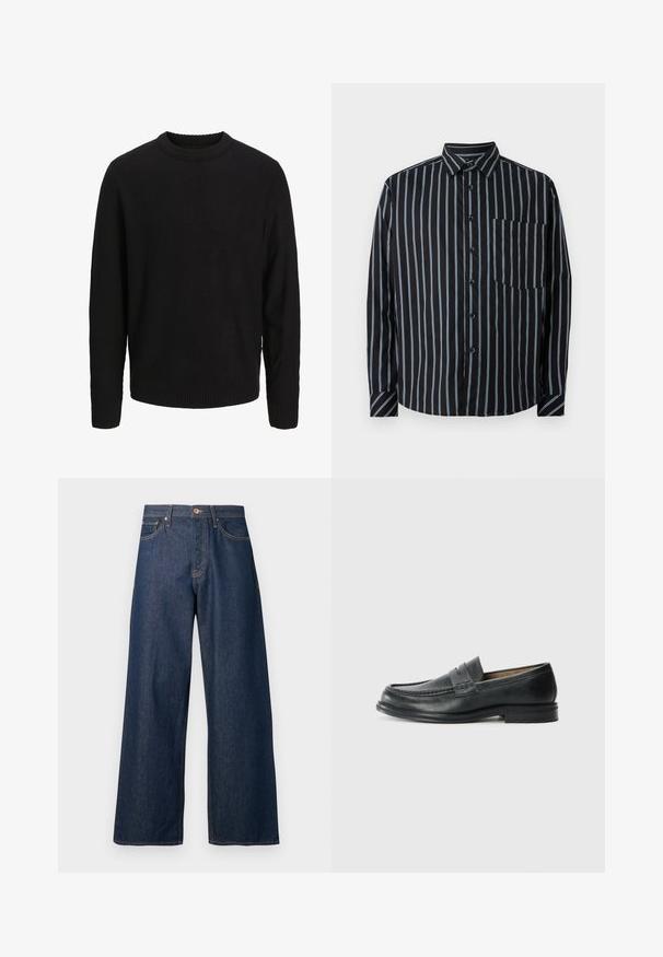 Sort langærmet strikket sweater med rund halsudskæring, ribstrikkede manchetter og kant, vist på en ensartet lys grå baggrund.; Sort button-up skjorte med blå lodrette striber, lange ærmer, krave og en brystlomme. Glat stof, afslappet pasform, standard knapper.; Vidbenede jeans lavet af mørkt denim med orange syninger, som har fem lommer, en knaplukning foran og en lige silhuet.; Sorte læder loafers med et klassisk design, der har en syet detalje ved tåen og en lav, tekstureret gummisål.