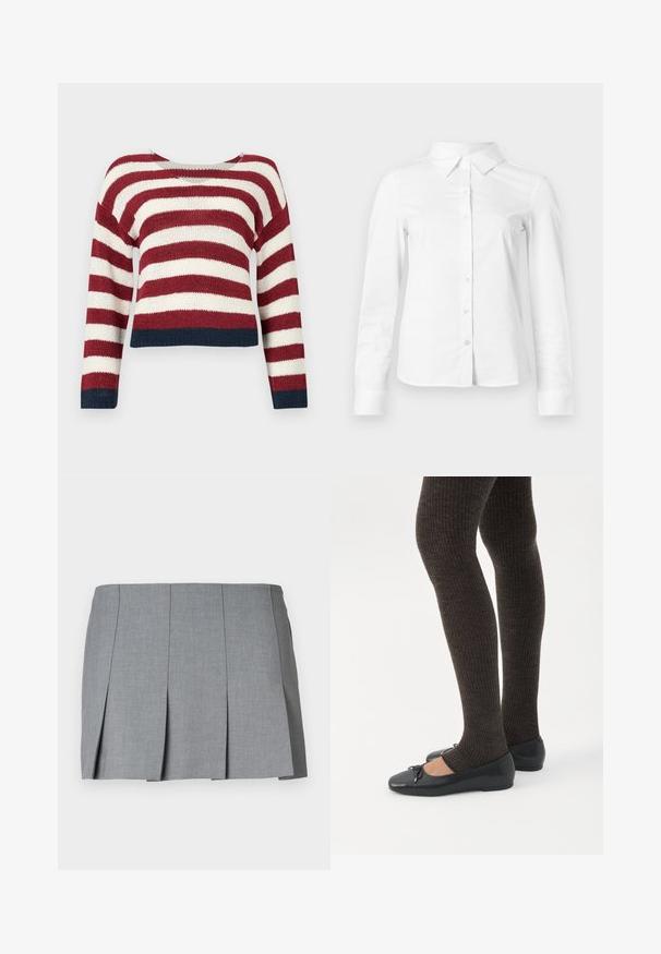 Pull en crochet avec des rayures horizontales rouges et blanches, arborant un design court et un ourlet bleu marine en bas et aux manches.; Chemise blanche à manches longues avec boutons, col pointu, ourlet droit et silhouette ajustée, présentée sur un fond clair uni.; Jupe plissée grise avec une texture lisse, un design structuré et une taille ajustée. Fabriquée en tissu léger avec un motif subtile.; Jambes portant des leggings côtelés foncés associés à des ballerines noires avec de petits détails en nœud sur fond blanc.